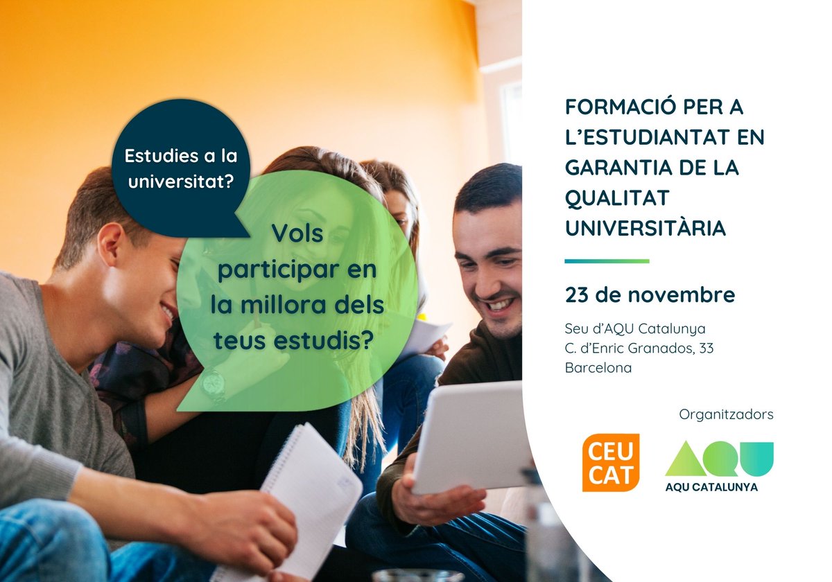 Aquest curs pretén formar l’estudiantat de les universitats catalanes en assegurament de la qualitat dels centres i les titulacions. Les persones que el completin rebran un certificat que podran presentar per obtenir un crèdit de lliure elecció.

aqu.cat/Estudis/Difusi…