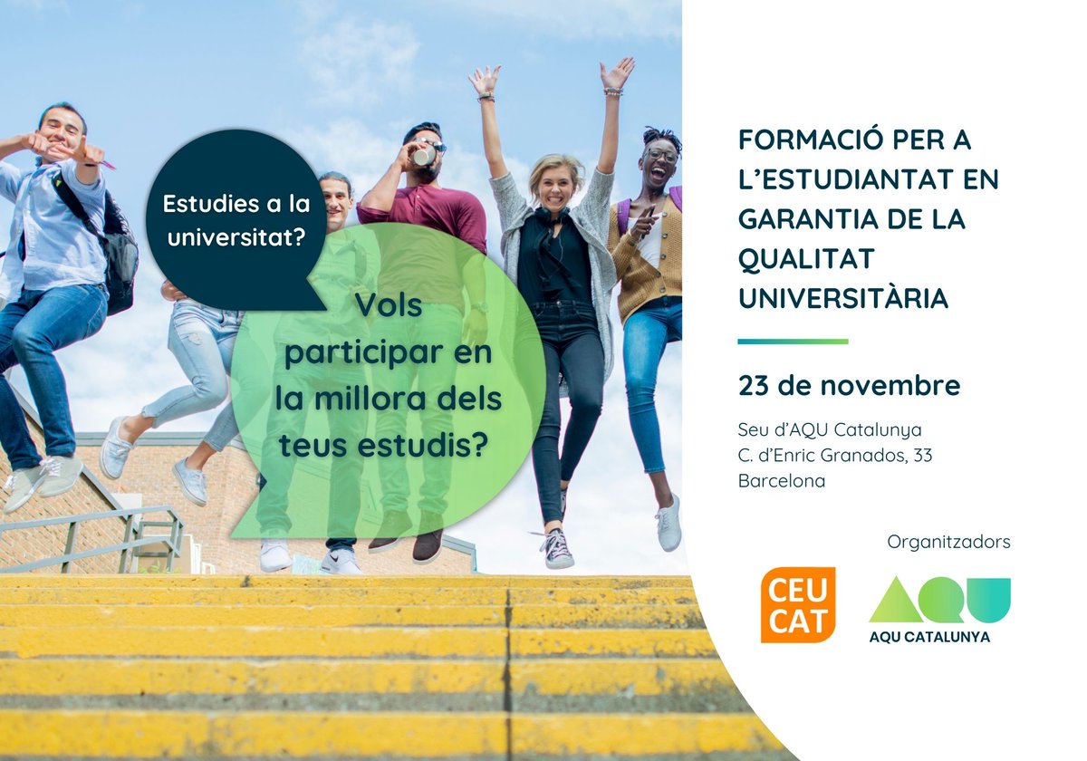 Dissabte 23 de novembre, AQU Catalunya organitza una formació sobre qualitat universitària que et permet aconseguir crèdits de lliure elecció. És un curs d’un dia, amb dinar i transport a Barcelona inclosos. Places limitades! Inscripció aquí:

aqu.us2.list-manage.com/subscribe?u=1f…