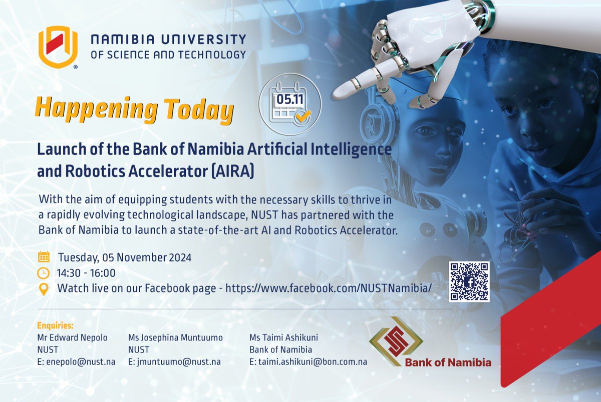 NUST_Namibia's tweet photo. Don't miss the launch of the Artificial Intelligence and Robotics Laboratory, happening today!

Tune in and be part of this milestone event, which will be live-streamed on NUST's and the Bank of Namibia's Facebook pages.

@BankofNamibia https://t.co/UzYrfbzx6r