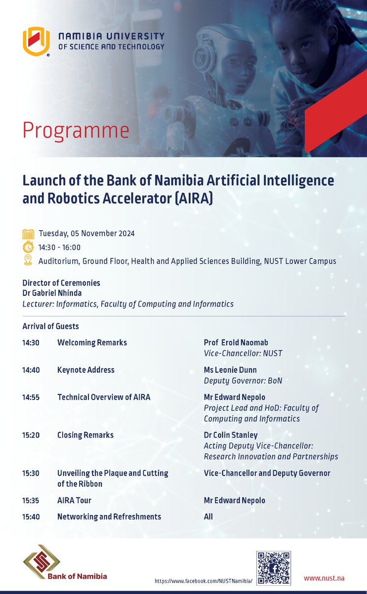 Don't miss the launch of the Artificial Intelligence and Robotics Laboratory, happening today!

Tune in and be part of this milestone event, which will be live-streamed on NUST's and the Bank of Namibia's Facebook pages.

<a href="/BankofNamibia/">Bank of Namibia</a>