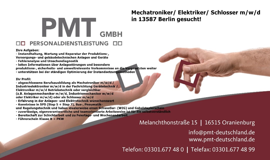 Hallo wir suchen #mechatroniker #schlosser #elektriker in #berlin

Schickt uns eure #bewerbung an
bewerbung@pmt-deutschland.de 

#pmt #pmt_personal #pmtgmbh #potsdam
#jobs #jobsuche #jobsohv #jobsoberhavel
#berlin #jobs #jobsuche #berlinjobs #jobsinberlin #jobangebot #job