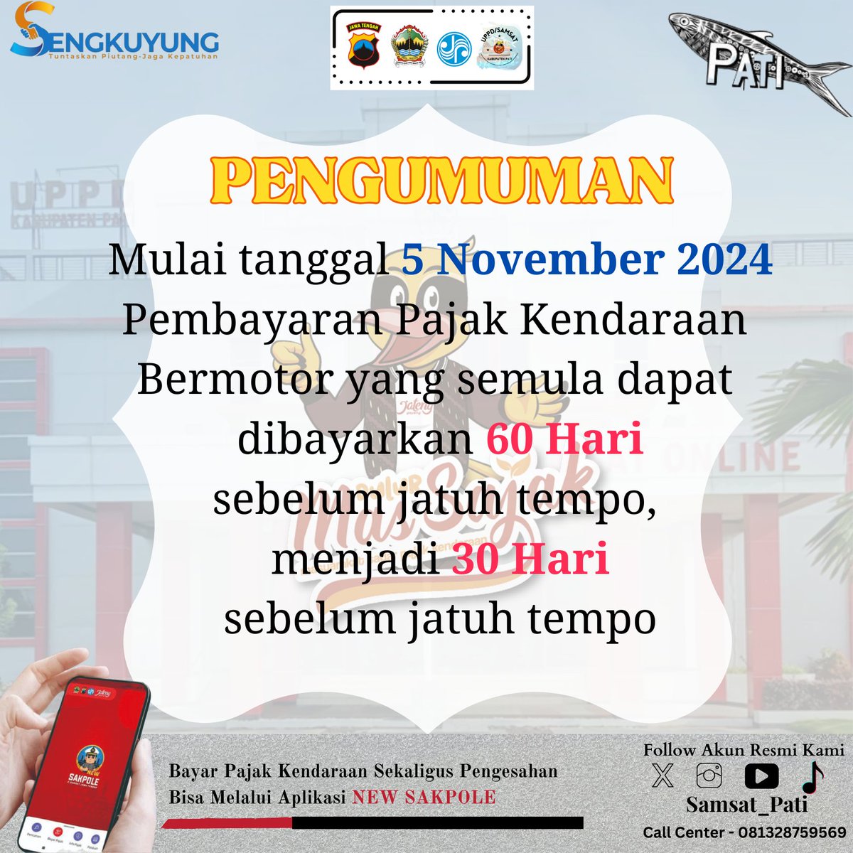 Pembayaran pajak mulai 5 November 2024 bisa dilayanani 30 hari sebelum jatuh tempo.

#MasSajak
#JatengGayeng
#SamsatJateng
#SamsatBudiman
#NewSakpole
#PajakUntukJawaTengahmu