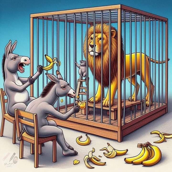 ليست شجاعة من الحمار'🦓 لكن الوضع الذي فيه الأسد جعل الحمار يتطاول عليه🫣
وكذلك بعض البشر👌🌹🥀