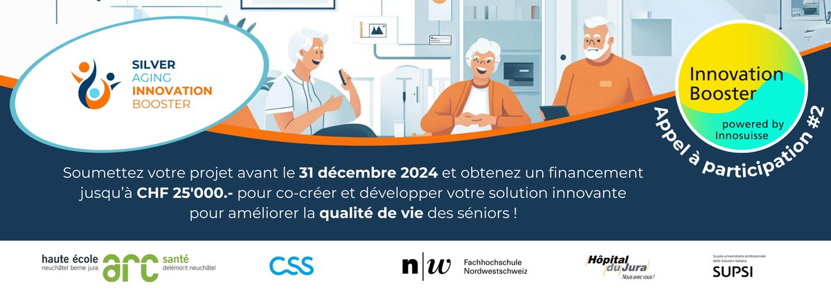 🎉 Appel à participation #2 🎉

Vous avez une innovation numérique pour les séniors ? Saisissez votre chance !

💡 Jusqu'à CHF 25'000 de financement

📅 Date limite : 31 déc. 2024

📍 Soumettez votre idée ici : home.jointcreate.com/en_us/challeng…
✍️ Inscription : home.jointcreate.com/en_us/jip-logi…