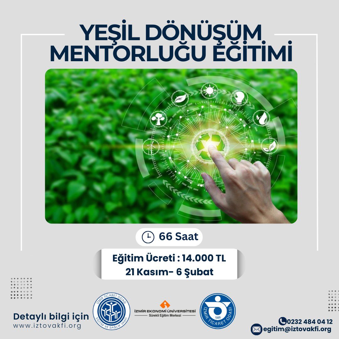 Odamız, Vakfımız ve EKOSEM işbirliğinde gerçekleşecek olan Yeşil Dönüşüm Mentorluğu Eğitimi kayıtları başlamıştır.
Eğitim Başlangıç Tarihi: 21.11.2024
Eğitim Bitiş Tarihi: 06.02.2025
Eğitimler 10.00 - 17.00 saatleri arasında gerçekleşecektir.