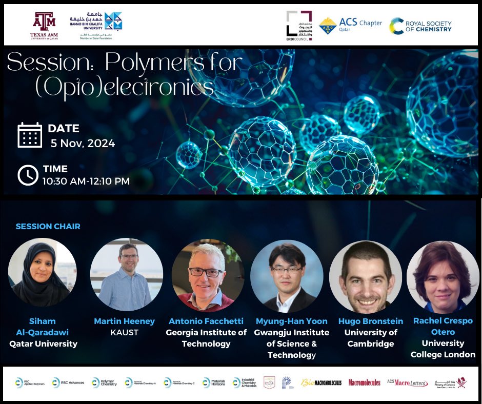 Mohammed Al-Hashimi, PhD, FRSC (@moalhashimi) on Twitter photo 🔔 Just Kicked Off at the 1st ACS/RSC Qatar Conference! 🔔
The Polymers for (Opto)electronics session is now live with invited talks from leading researchers. <a href="/GroupHeeney/">HeeneyGroup</a> <a href="/AntonioFacchet2/">Antonio Facchetti</a>
<a href="/RCrespoOtero/">Rachel Crespo-Otero</a> 🔔 Just Kicked Off at the 1st ACS/RSC Qatar Conference! 🔔
The Polymers for (Opto)electronics session is now live with invited talks from leading researchers. <a href="/GroupHeeney/">HeeneyGroup</a> <a href="/AntonioFacchet2/">Antonio Facchetti</a>
<a href="/RCrespoOtero/">Rachel Crespo-Otero</a>