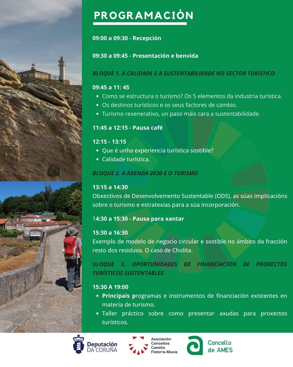 🔊¿Te interesa el turismo sostenible? Si es así, atent@s a esta jornada que organiza la Asociación Concellos Camiño Fisterra-Muxía bajo el título AXENDA 2030 E TURISMO: OPORTUNIDADES DE NEGOCIO PARA UN TURISMO SUSTENTABLE. 15 de noviembre. Ames (A Coruña)