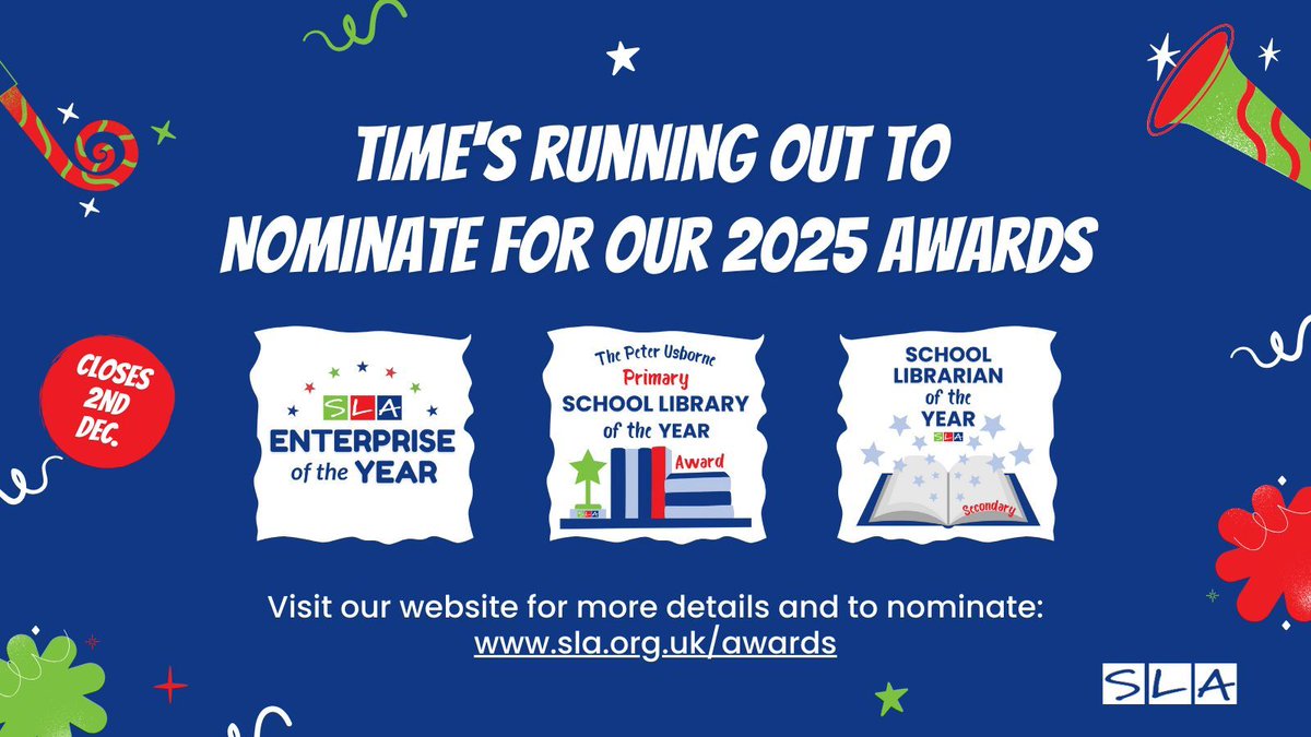 uksla's tweet image. ⏰ Time is running out to nominate for 2025 #SLA #Awards!
Let's celebrate the incredible work going on in #school #libraries.
🎉 Nominate TODAY if you know a project, library, or staff member worth celebrating!
More details⤵️
buff.ly/40wNqOv