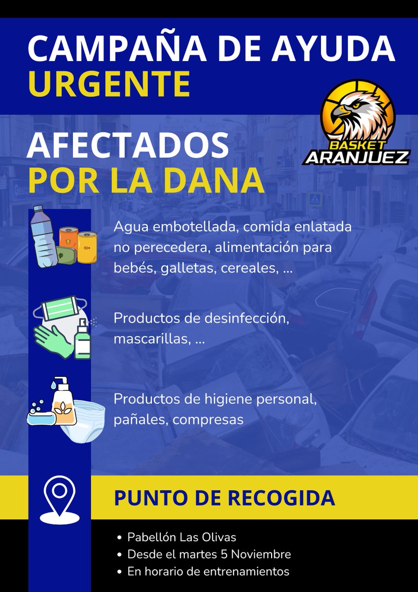 🤍🖤 Campaña de Ayuda 🙏🏼 URGENTE ‼️ 
Desde el Club #BasketAranjuez nos unimos a la ayuda para los afectados por la Dana de Valencia.