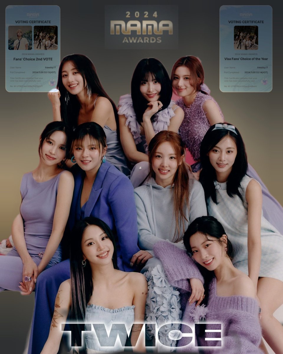 Znfinitely's tweet photo. VOTE for TWICE on MAMA 2024 ⭐✨

*Preferably vote on the MNET app

FAN's CHOICE Collab
Female Category : TWICE 
Male Category : JIMIN

#2024MAMAAWARDS #TWICE 
#VisaFansChoiceoftheYear
#FansChoice https://t.co/uWJfAwYqAi