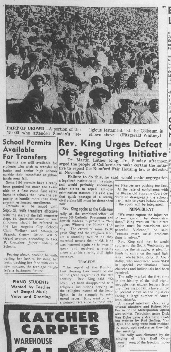 Newspaper report on the May 31, 1964 event at the Coliseum at which Martin Luther King and Dick Van Dyke spoke. I didn’t attend, but I had a good excuse: I was less than two months old.

This line gave me chills: “Van Dyke and King were both mobbed by autograph seekers as they