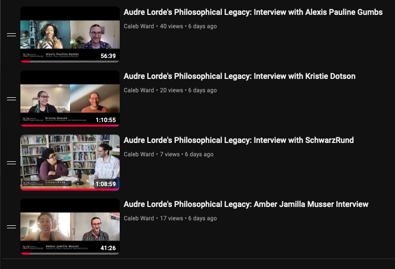 calebdward's tweet photo. Today seems as good a day as any to post that these wonderful Audre Lorde interviews — with @alexispauline, Kristie Dotson, and others—have gone live!

I'll share some clips later, but anyone should watch if Black feminist brilliance soothes your soul.

https://t.co/BZdPct5sFK https://t.co/UvI0ASjY4h