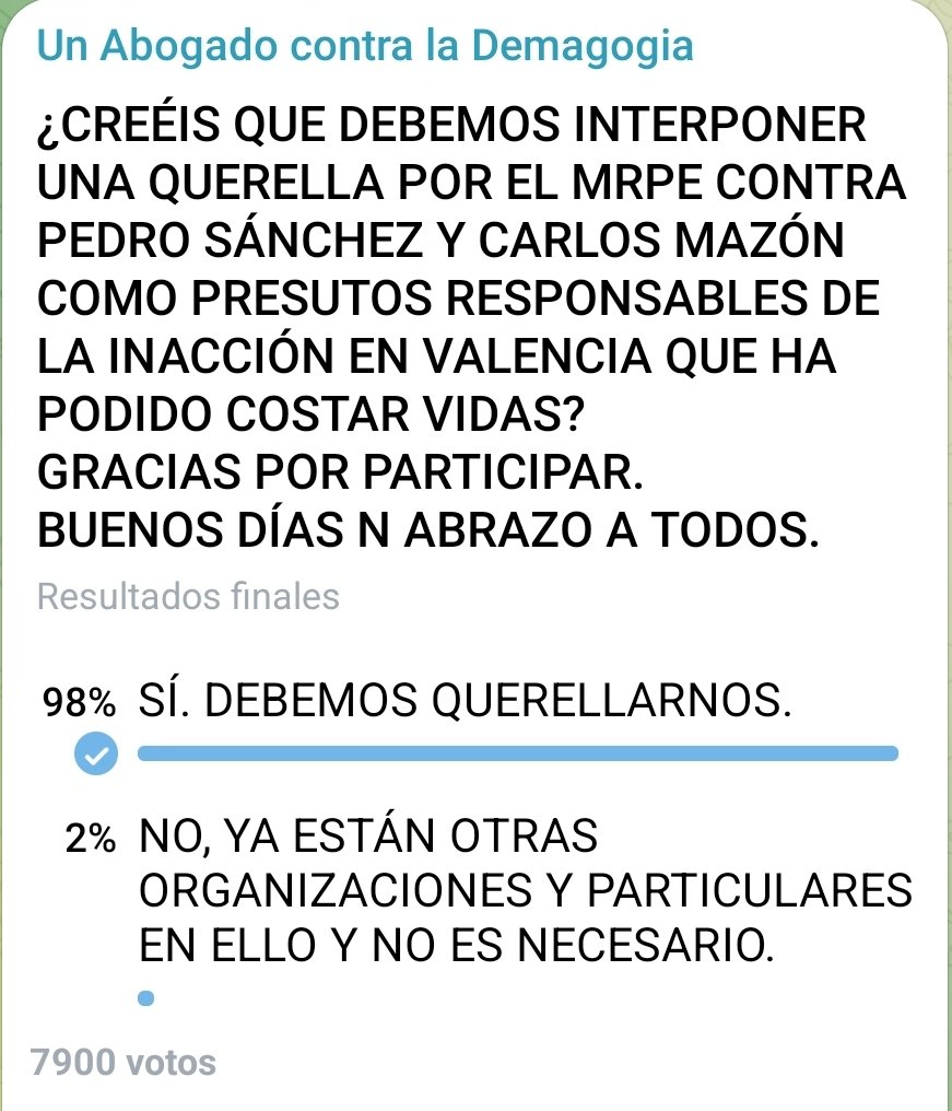 UACD_Youtube's tweet photo. SIGUIENDO EL ESPÍRITU DEMOCRÁTICO DE LA ASOCIACIÓN MOVIMIENTO DE REGENERACIÓN POLÍTICA DE ESPAÑA MRPE HEMOS VOTADO SOBRE LA INTERPOSICIÓN DE UNA QUERELLA CONTRA LOS RESPONSABLES POLÍTICOS DE LA TRAGEDIA DE VALENCIA.

CON UNA PARTICIPACIÓN DE CASI 8000 PERSONAS HA SALIDO POR UN 98% QUE SE INTERPONGA DICHA QUERELLA POR NUESTRA ASOCIACIÓN.

UNA VEZ HAYAMOS ACABADO DE RECOPILAR LA DOCUMENTACIÓN NECESARIA QUEDARÁ INTERPUESTA.

NECESITAMOS QUE NOS ENVIÉIS LOS ESCRITOS QUE OS HAYAN LLEGADO DE SINDICATOS O ASOCIACIONES POLICIALES, MILITARES, FFAA Y FFCCSE, Y DEMÁS ORGANISMOS QUE ACREDITEN QUE NO SE LES HA PERMITIDO AYUDAR NI ACUDIR A LA ZONA AFECTADA EN LOS PRIMEROS DÍAS DE LA TRAGEDIA.

SE PIDE RT PARA RECOPILAR LA MÁXIMA INFORMACIÓN POSIBLE.
Mandar la documentación a info@mrpe.social

Comenté el tema un poco en el video de ayer de Iker Jimenez y Rubén Gisbert en YT:
https://t.co/01KTTgEBfw

#mrpe @RegeneracionDe