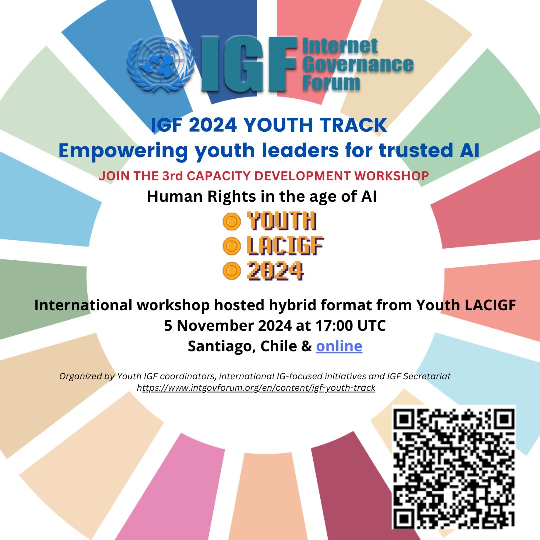 Join our #youth capacity building workshop on "#HumanRights in the Age of #AI"!

⏲️HAPPENING TODAY at 17 UTC - bit.ly/3Au4slW

🌞All are welcome!

#IGF2024