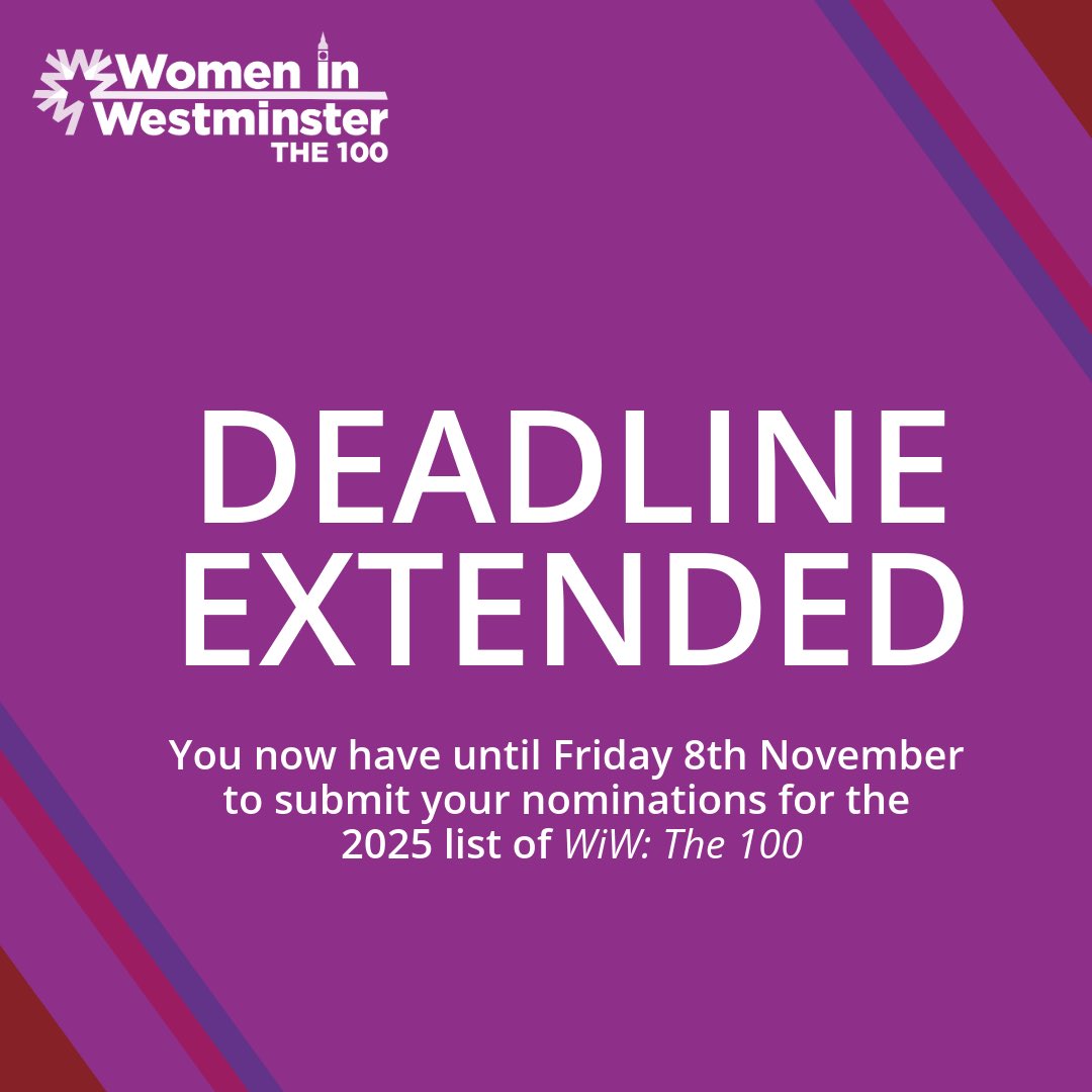 ⏰ Good news! Deadline extended to 8 November ⏰

💌 This is your final chance to let us know about the amazing women you know, work with or wish to celebrate who have gone above and beyond in the past 12 months. 

🔗 Link in bio

#wiw100 #womeninwestminster #womeninspiringwomen