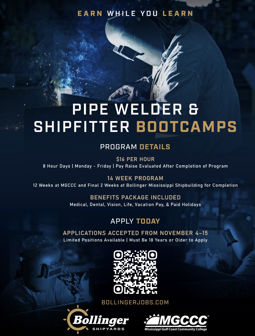 Bollinger is kicking off their next two bootcamps: Shipfitting and Pipe Welding. The positions for Shipfitting Trainee and Pipe Welding Trainee are now open via Bollingejobs.com -&gt; Opportunities at Mississippi Shipbuilding and will remain open until November 15, 2024!