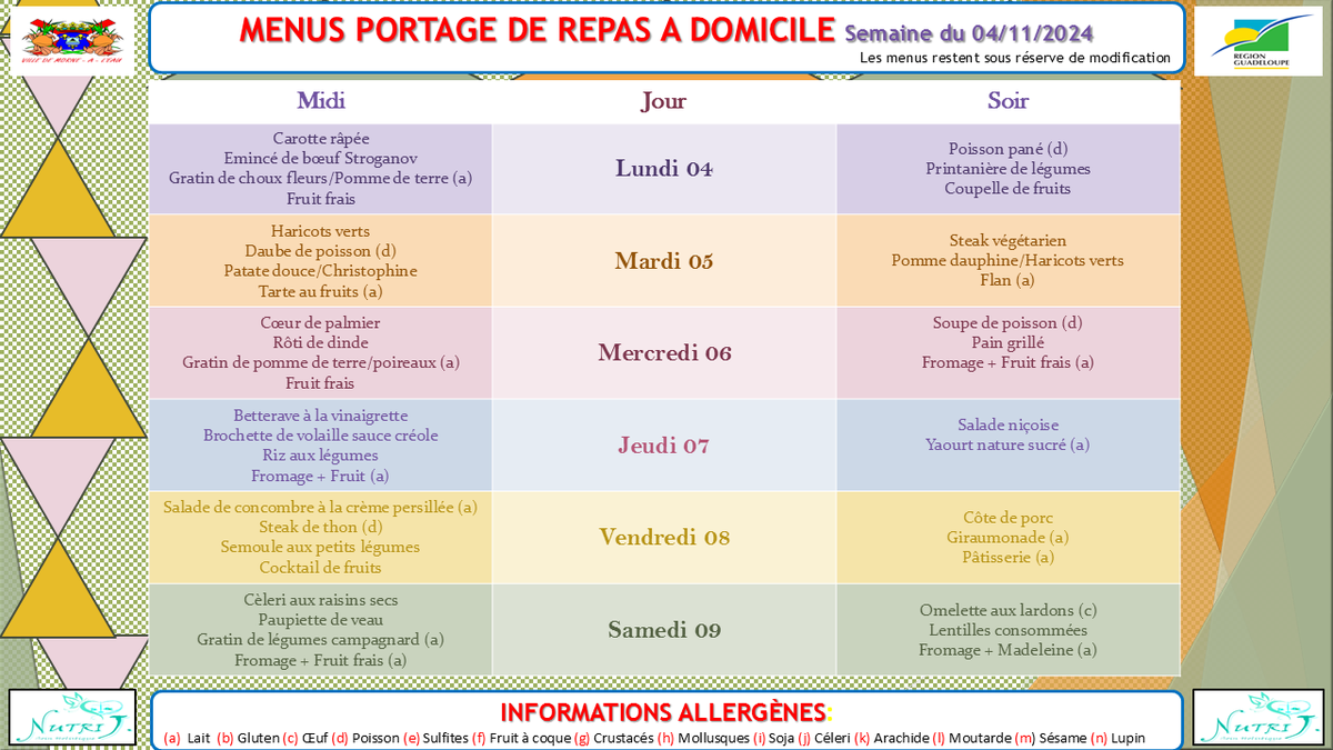 Découvrez les Menus de la restauration scolaire et du Portage de repas du 04 au 09 Octobre 2024, élaborés par la caisse des écoles (sous réserve de modifications).