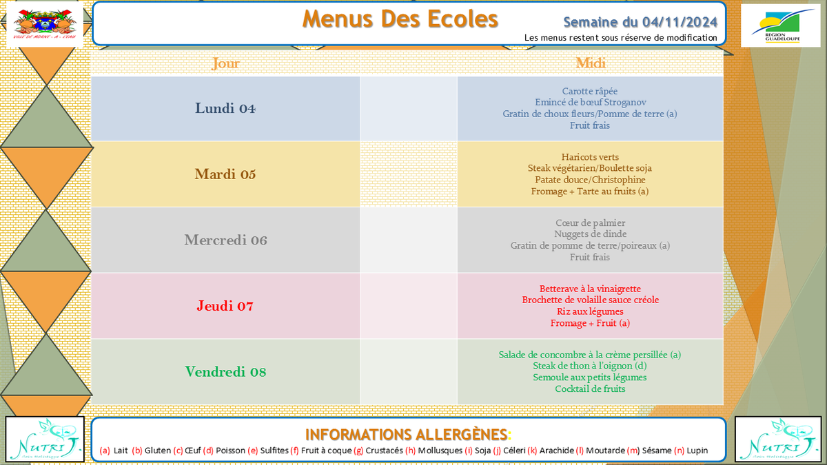 VilleEau's tweet photo. Découvrez les Menus de la restauration scolaire et du Portage de repas du 04 au 09 Octobre 2024, élaborés par la caisse des écoles (sous réserve de modifications). https://t.co/zteECF6hZv
