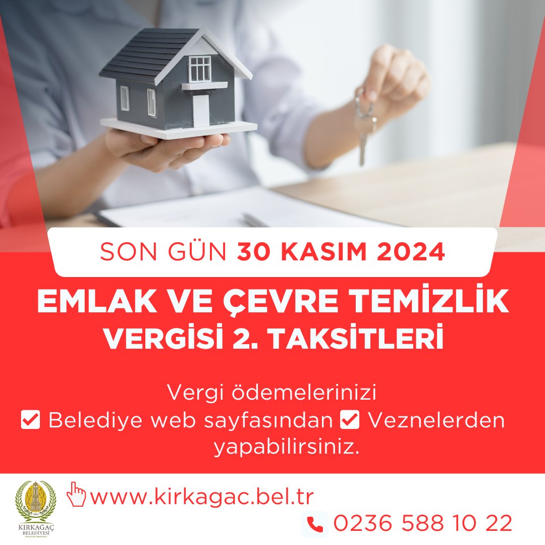 Emlak ve Çevre Temizlik Vergisi 2. Taksit Son Ödeme Tarihi 30 Kasım!
Emlak, ÇTV ve İlan Reklam Vergilerinin 2. taksit ödeme dönemi başladı. Ödemelerinizi; 30 Kasım 2024 tarihine kadar “web sayfamızdan Online veya Belediye veznelerimizden” gerçekleştirebilirsiniz.