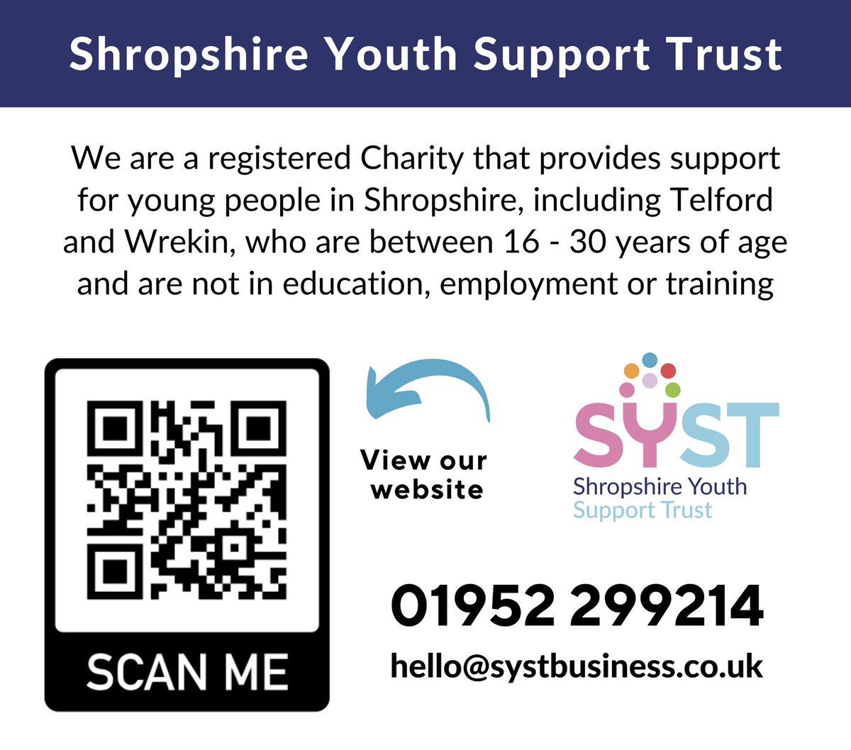 SYST (@systbusiness) on Twitter photo If you would like our support, or if you know anyone that could benefit from our support then please reach out to us.
hello@systbusiness.co.uk
01952 299214
#shropshire #telfordandwrekin #youthsupport #youthengagement If you would like our support, or if you know anyone that could benefit from our support then please reach out to us.
hello@systbusiness.co.uk
01952 299214
#shropshire #telfordandwrekin #youthsupport #youthengagement