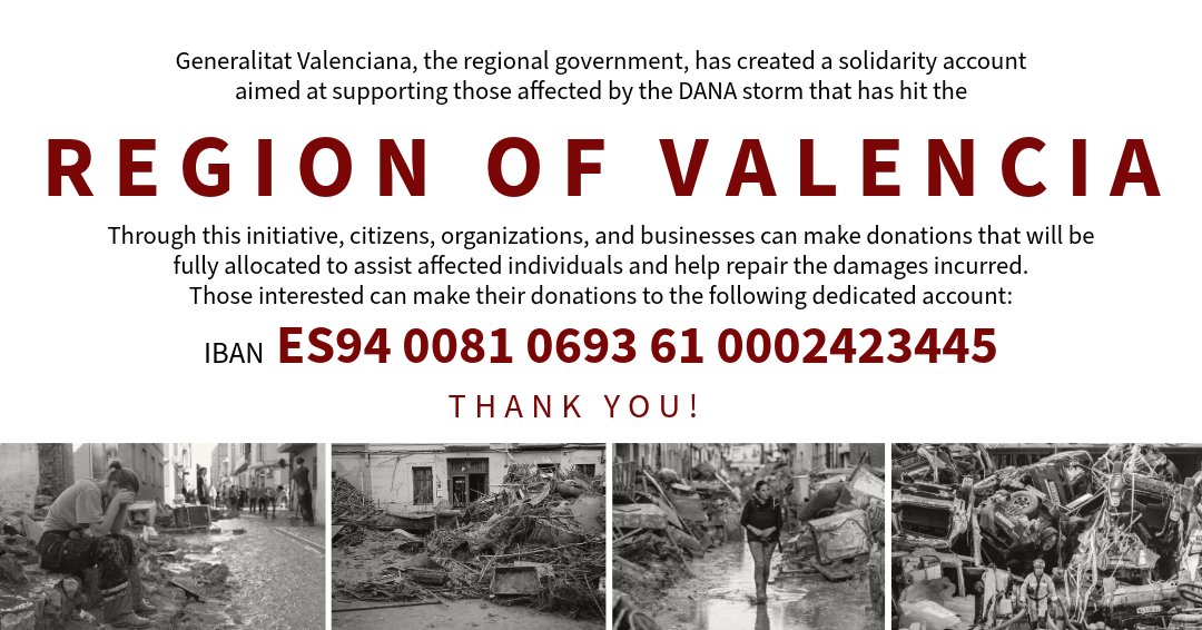 delcomval_UE's tweet photo. REGION OF VALENCIA🖤
Our regional government has created an account dedicated to support those affected by the flood
Through this initiative, 🇪🇺 citizens, organizations, and businesses can make donations thru the following dedicated account:
IBAN  ES94 0081 0693 61 0002423445
🙌 https://t.co/eANJlpWNbU