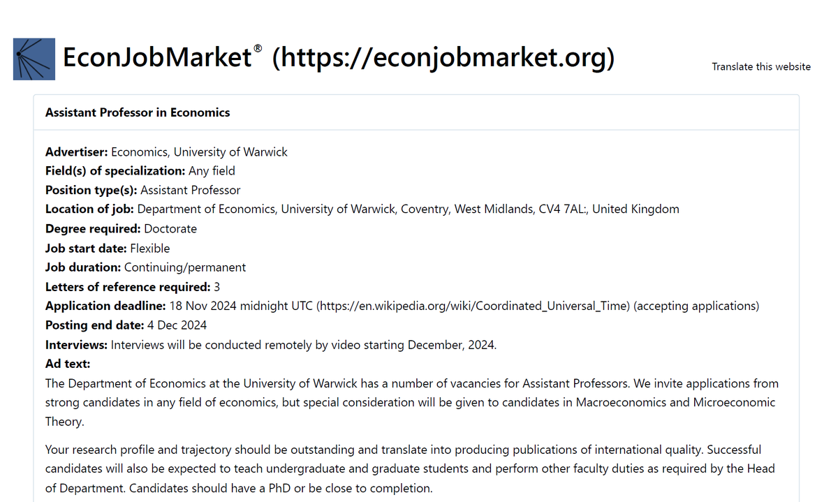 Dennis Novy (@dennisnovy) on Twitter photo To all econ PhDs on the job market:
We are hiring! <a href="/warwickecon/">Warwick Economics</a>
econjobmarket.org/positions/11181 To all econ PhDs on the job market:
We are hiring! <a href="/warwickecon/">Warwick Economics</a>
econjobmarket.org/positions/11181