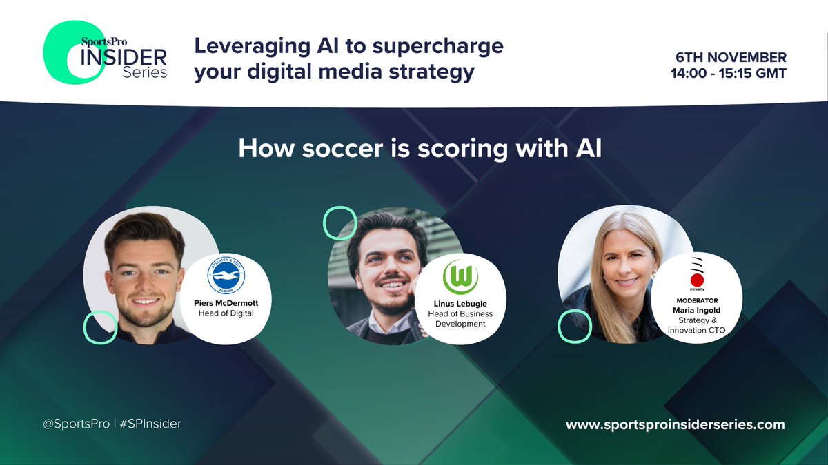 Join us for "How Soccer (Football!) is Scoring with #AI" as part of the <a href="/SportsPro/">SportsPro</a> #SPInsider series.

I'll be chairing some incredibly useful insights with: 
<a href="/PiersMcDermott/">Piers McDermott</a>, Head of Digital, <a href="/OfficialBHAFC/">Brighton & Hove Albion</a>
<a href="/LLebugle/">Linus Lebugle</a>, Head of Business Development, <a href="/VfLWolfsburg_EN/">VfL Wolfsburg EN/US 🇬🇧 🇺🇸</a>