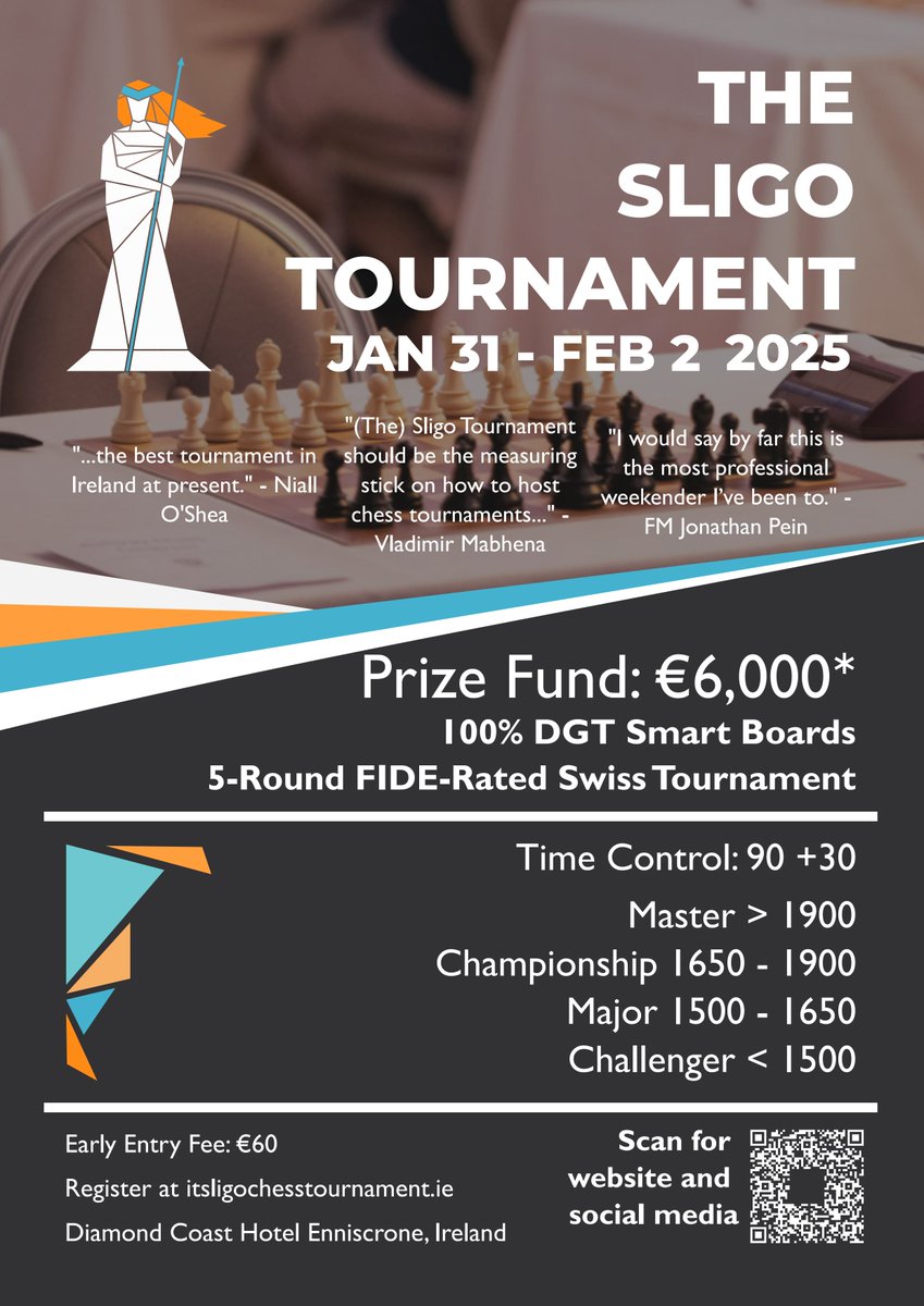 ChessSligo's tweet photo. The latest flyer just dropped. Now with a different QR code to take you to our linktree. 24 days until early registration ends and discounted hotel rooms are running low. Register and book the hotel today. #chess #chesspunks #sligotournament2025 https://t.co/Mt8U2eSxTa