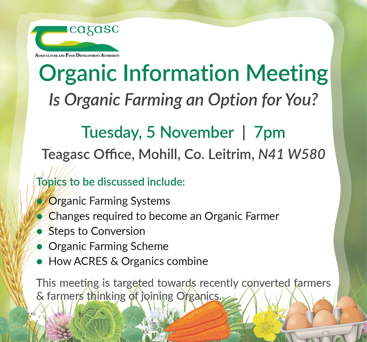 Are you interested in Organics?  The last of our regional meetings takes place in #Mohill tonight.  A great opportunity to learn everything you need to know about joining the Organic Scheme and have all your questions answered.