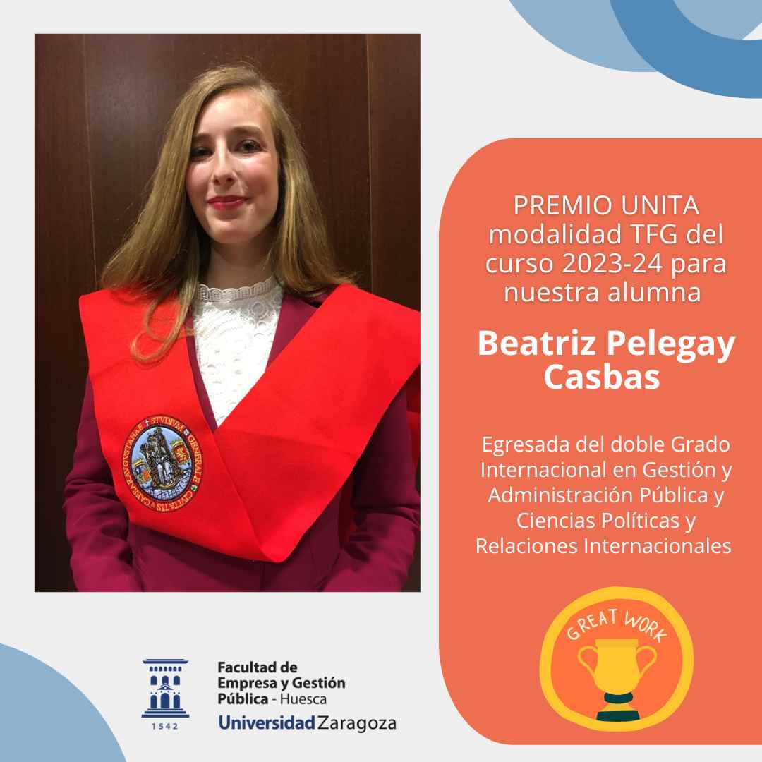 FEGPHuesca's tweet photo. Grande BEATRIZ. Su TFG “Políticas públicas frente a la despoblación. Estudio de caso: la mujer en el ámbito rural de Aragón" dirigido por D. Joaquín Mairal ha merecido el PREMIO UNITA 23-24. Unizar y Universidad del Valle de Aosta. ENHORABUENA #pequeñaGRANfacultad @CampusHuesca https://t.co/bTa6pIuPTl
