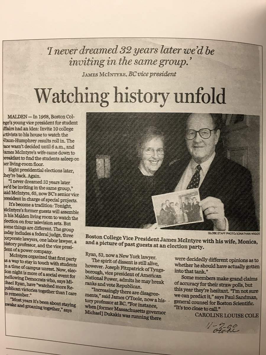 In 1968, my Dad invited student leaders from <a href="/BostonCollege/">Boston College</a> (he was VP for Student Affairs) to our home to watch the Presidential election returns. That same group returned for an election night party hosted by my parents every four years for more than four decades!🇺🇸#Vote