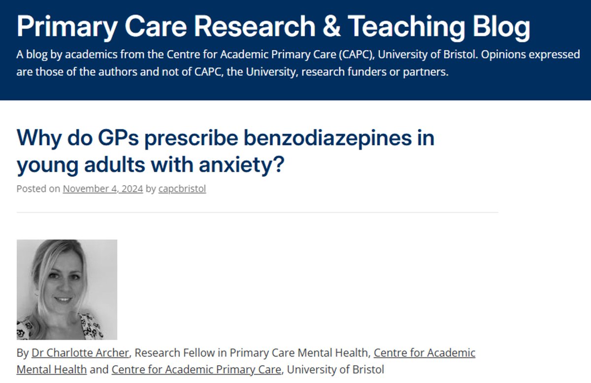 CAPC, Bristol (@capcbristol) on Twitter photo Why do GPs prescribe #benzodiazepines in young adults with #anxiety?
<a href="/ArcherCS_/">Charlotte Archer</a> has been asking GPs their views. Read about her findings in this new blog post:
capcbristol.blogs.bristol.ac.uk/2024/11/04/why…
Read the <a href="/BJGPjournal/">The British Journal of General Practice</a> paper: bjgp.org/content/74/748…
#MentalHealth #PrimaryCare #YoungPeople Why do GPs prescribe #benzodiazepines in young adults with #anxiety?
<a href="/ArcherCS_/">Charlotte Archer</a> has been asking GPs their views. Read about her findings in this new blog post:
capcbristol.blogs.bristol.ac.uk/2024/11/04/why…
Read the <a href="/BJGPjournal/">The British Journal of General Practice</a> paper: bjgp.org/content/74/748…
#MentalHealth #PrimaryCare #YoungPeople