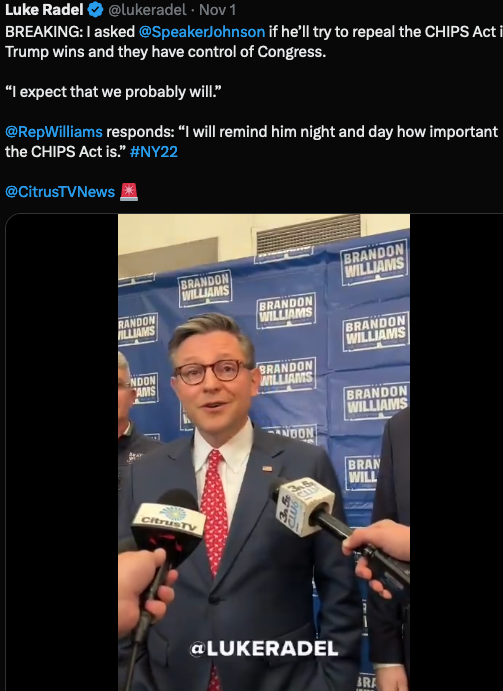 NewsJennifer's tweet photo. How did a student reporter get a big story the national press was more or less ignoring? He followed a thread from Trump to Speaker Johnson and the result was big news about the GOP's possible plans to repeal the CHIPS Act.   1/ https://t.co/EynmSUxFFv