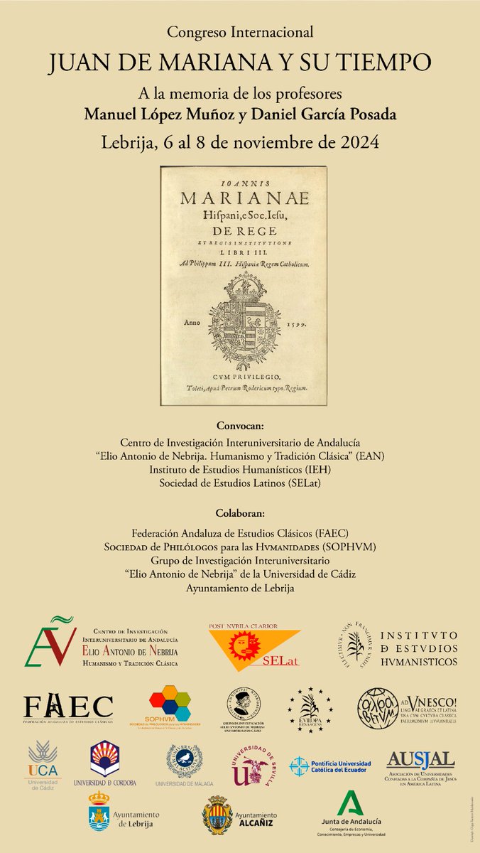 Programa del Congreso Internacional "Juan de Mariana y su tiempo", Lebrija (Sevilla), 6-8 de noviembre de 2024 selat.org/programa-del-c… a través de <a href="/selat_org/">Sociedad de Estudios Latinos (SELat)</a>