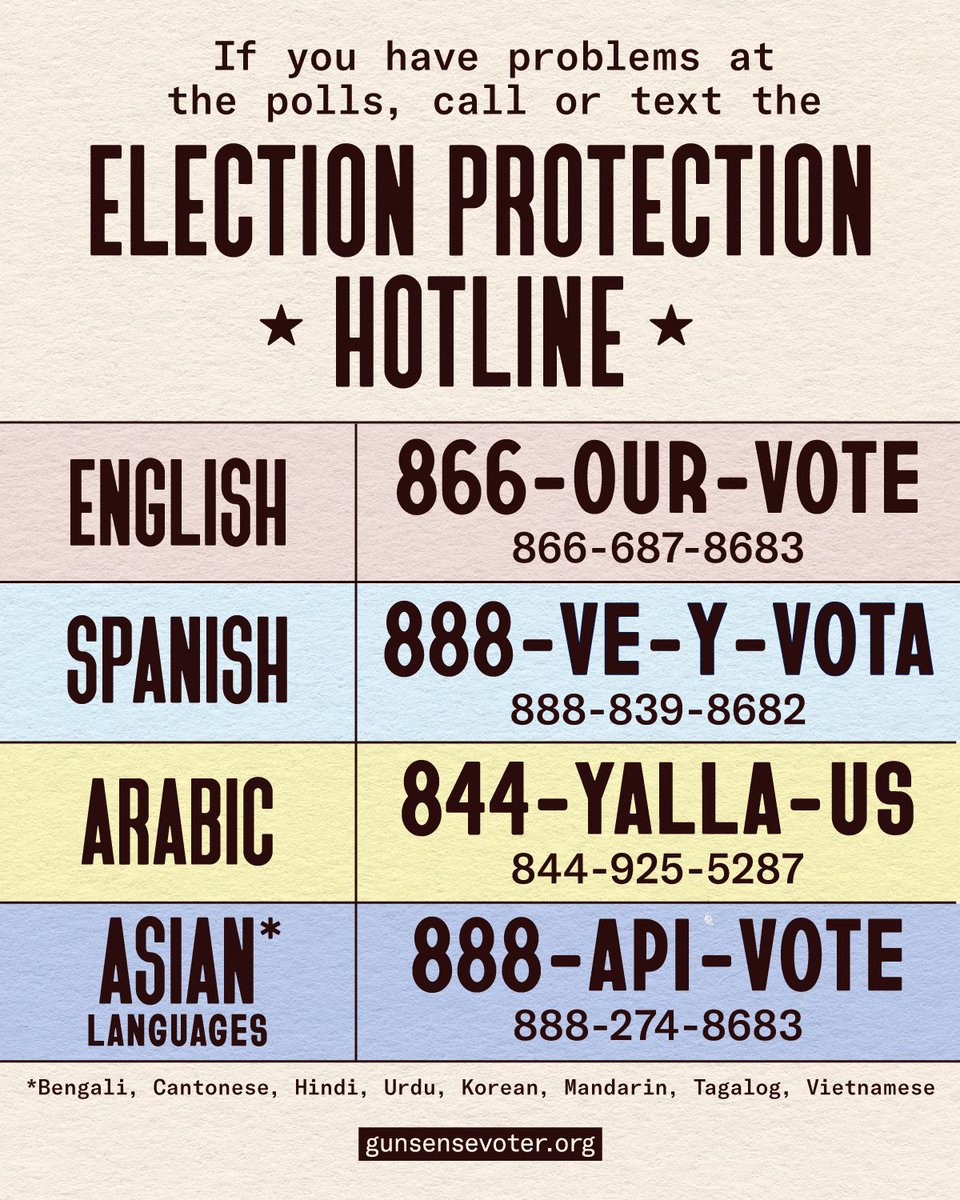 MomsDemand's tweet image. It’s #ElectionDay! Know your voting rights! 

✅ If you are in line when the polls close, stay in line. 
✅ If you are turned away at the polls because your name is not on the register, request a provisional ballot. 
✅ If you have any other issues while voting, call the Election…