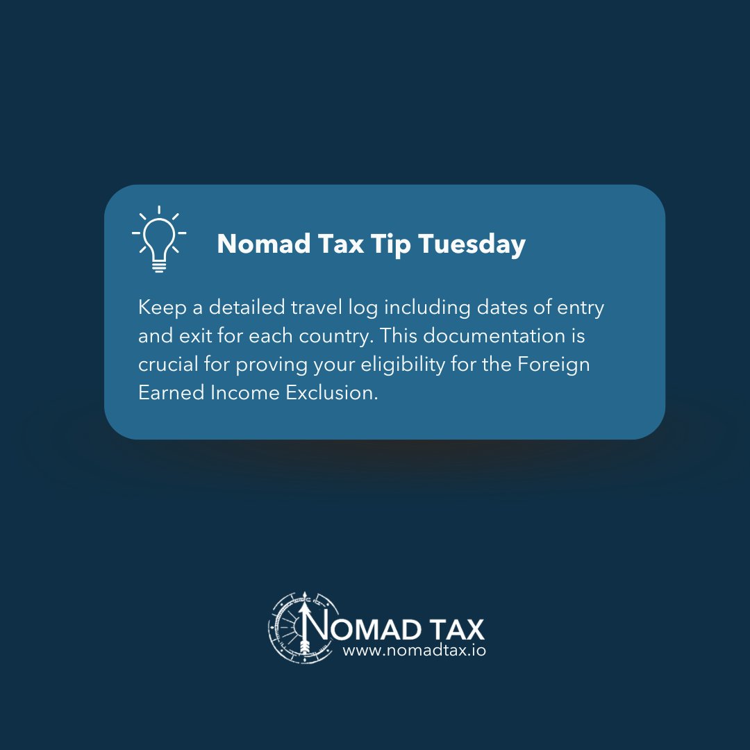 Small habits can make a big difference in tax prep! What’s your favorite way to track your travels? Share below! And for personalized tax advice tailored to your nomadic lifestyle, Nomad Tax is just a click away. #TaxTipTuesday #TravelLog #FEIE