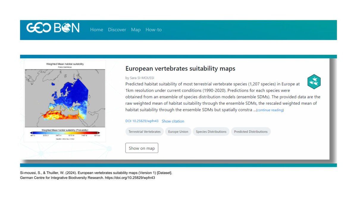 .<a href="/CNRS/">CNRS 🌍</a> has released a dataset on the GEO BON #EssentialBiodiversityVariables Data Portal featuring predictive models for 1,200+ vertebrates across Europe, mapped at a 1 km² scale. Built on F.A.I.R. principles, it boosts transparency and collaboration!

👉 buff.ly/48DFq09