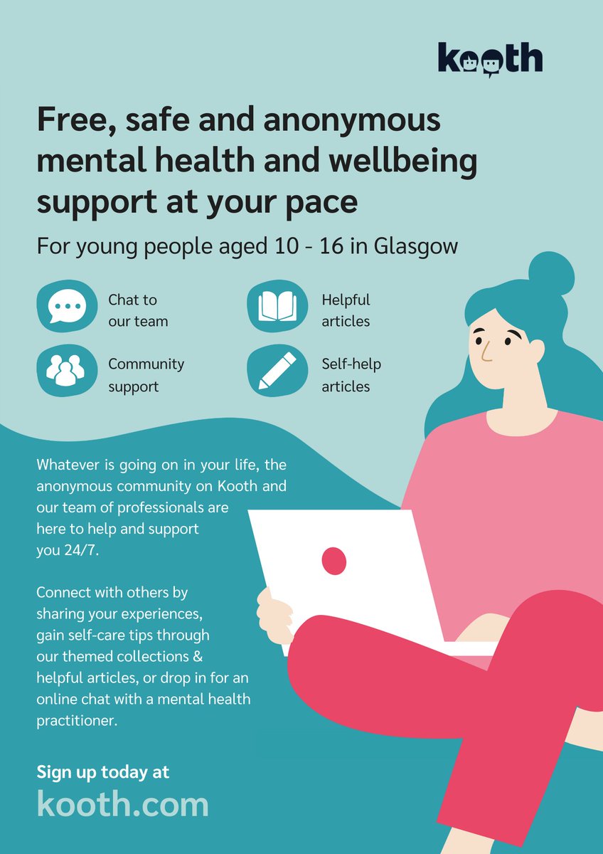 10 to 16 year olds in Glasgow can access FREE mental health support from Kooth.
Just sign up and access your anonymous, online mental health support. 
No waiting lists, so you can take control of your mental health today. 👉kooth.com
@glasgowcc