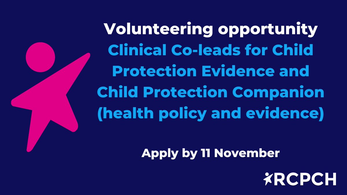 RCPCH is seeking a Clinical Co-Lead for Child Protection Evidence! If you're a Consultant, SAS or speciality paediatrician with expertise in child protection, join our team! 

Term: 2024-2027

🔗 Learn more &amp; apply: ow.ly/L6CQ50TY2Vc

Applications close 11 November