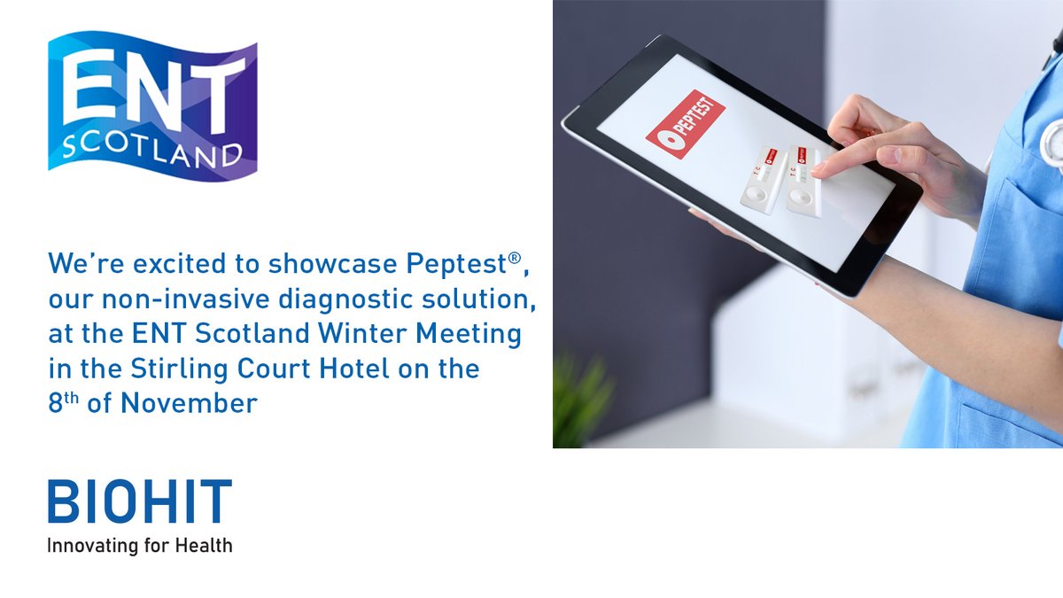biohithealthuk's tweet photo. We’re getting ready for the ENT Scotland Winter Meeting, taking place on the 8th of November in Stirling! 

Come and visit our booth to learn more about our effective, non-invasive reflux diagnostic solution, #Peptest®. 

https://t.co/ucEpHg62GI

#ENTScotland2024 #diagnostics https://t.co/HUHmyVDTv0