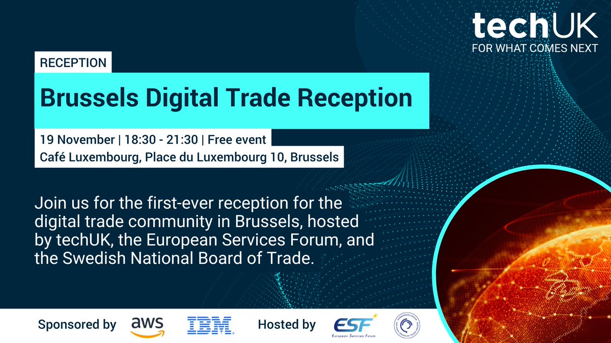 techUK in Brussels (@techuk_brussels) on Twitter photo We are delighted to join forces with the <a href="/EUServicesForum/">EU Services Forum</a> and <a href="/sweboardoftrade/">National Board of Trade Sweden</a> to organise the first ever reception for #digitaltrade professionals in Brussels. Register your interest to join us for an exciting evening: techuk.org/what-we-delive… We are delighted to join forces with the <a href="/EUServicesForum/">EU Services Forum</a> and <a href="/sweboardoftrade/">National Board of Trade Sweden</a> to organise the first ever reception for #digitaltrade professionals in Brussels. Register your interest to join us for an exciting evening: techuk.org/what-we-delive…