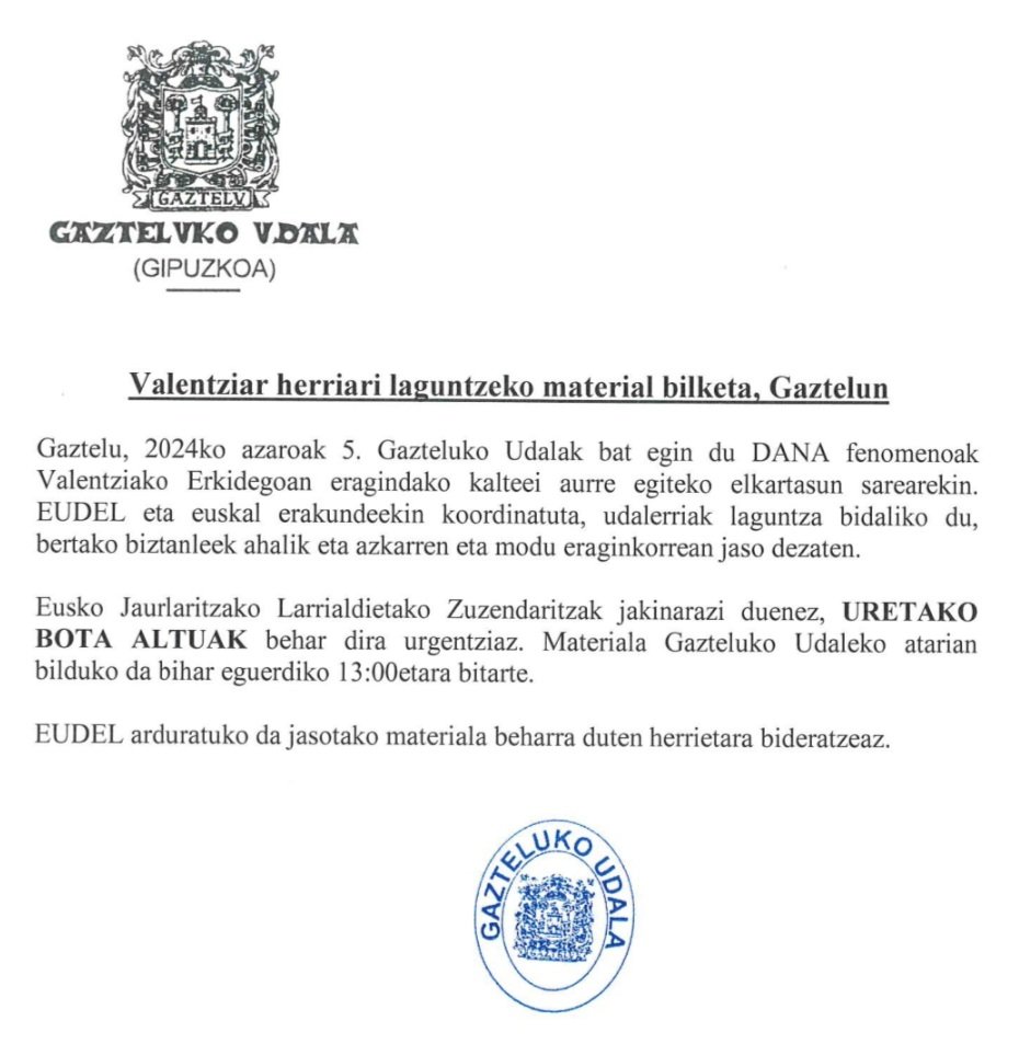 GaztelukoUdala's tweet photo. Gazteluko udalak ere bat egin du @EUDEL_eus tik bideratuta Valentziara bidaliko den material bilketan.  

Bihar 13:00ak bitarte URETAKO BOTA ALTUAK bilduko dira udaletxe atarian.

#Valentzia #elkartasuna https://t.co/j9xbxY4XGR