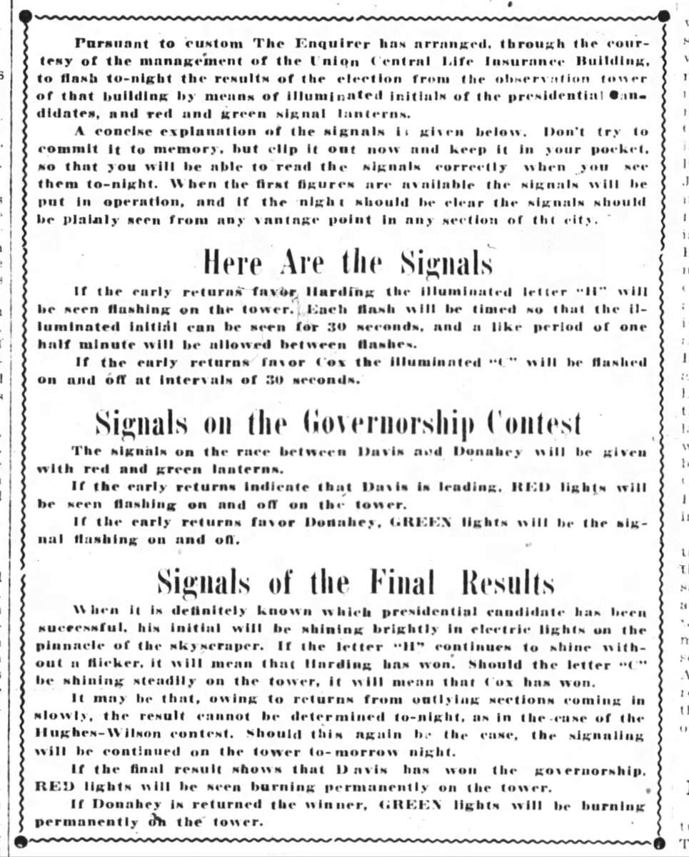 For many years before radio in Cincinnati, election results were communicated by lights on the Union Central Building. One example: In 1920 an H for Harding and a C for Cox were illuminated atop the building.