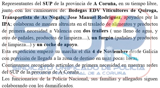supcoruna's tweet photo. Representantes del Sup Coruña Provincial transportan productos de primera necesidad a Valencia
#supcoruña #supcoruna #supribeira #supferrol #valencia #paiporta #voluntarios #solidaridad #nuncamais #felizmartesAtodos #noticias https://t.co/6GLGhcVUFq