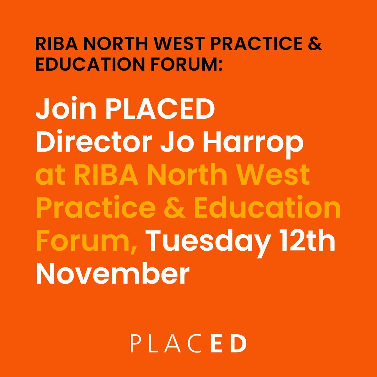📣 We are delighted to announce that PLACED Director, Jo Harrop, will be speaking at <a href="/RIBANorthWest/">RIBA North West</a>’s next Practice &amp; Education Forum on social value! 

📍 TUES 12TH NOV, 5.30-7.30PM, <a href="/theBluecoat/">Bluecoat</a>, 8 School Lane, L1 3BX

Find out more, here: 🔗 bit.ly/4fdURi7 #PLACED