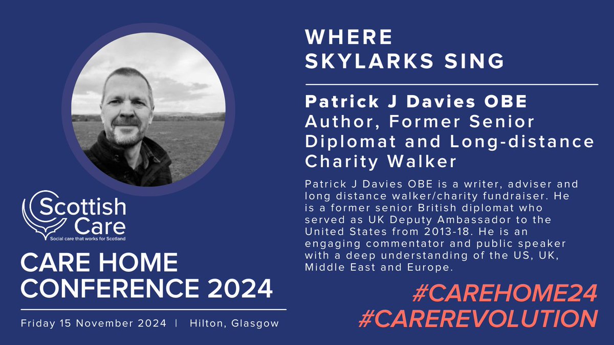 Scottish Care (@scottishcare) on Twitter photo Excited to welcome <a href="/PaddyJDavies/">Patrick Davies</a> to our 2024 Care Home Conference! Author of Where Skylarks Sing, Patrick will share his inspiring 1,400-mile journey across Britain, reflecting on identity, belonging, and home.
๐๏ธ Tickets: buff.ly/3RwLFMc
#carehome24 #carerevolution Excited to welcome <a href="/PaddyJDavies/">Patrick Davies</a> to our 2024 Care Home Conference! Author of Where Skylarks Sing, Patrick will share his inspiring 1,400-mile journey across Britain, reflecting on identity, belonging, and home.
๐๏ธ Tickets: buff.ly/3RwLFMc
#carehome24 #carerevolution