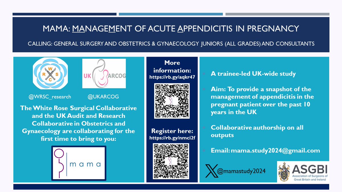 MAMA (@mamastudy2024) on Twitter photo 💥Final push for recruitment!💥
Nearly 70 sites have signed up to participate in this UK-wide study of the management of appendicitis in pregnancy 🤰it's not too late to join!
More info 👉 rb.gy/aqkr47. Sign up 👉 rb.gy/nmci2f
📧 mama.study2024@gmail.com 💥Final push for recruitment!💥
Nearly 70 sites have signed up to participate in this UK-wide study of the management of appendicitis in pregnancy 🤰it's not too late to join!
More info 👉 rb.gy/aqkr47. Sign up 👉 rb.gy/nmci2f
📧 mama.study2024@gmail.com
