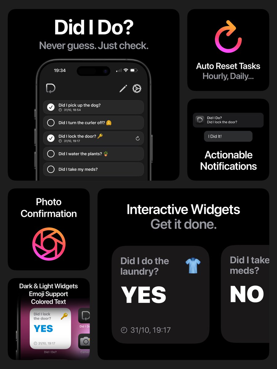 Did I Do? is now on the App Store!

This first version has all you need to make sure your daily tasks are done.

1.1 is already in the works with additional features 👀