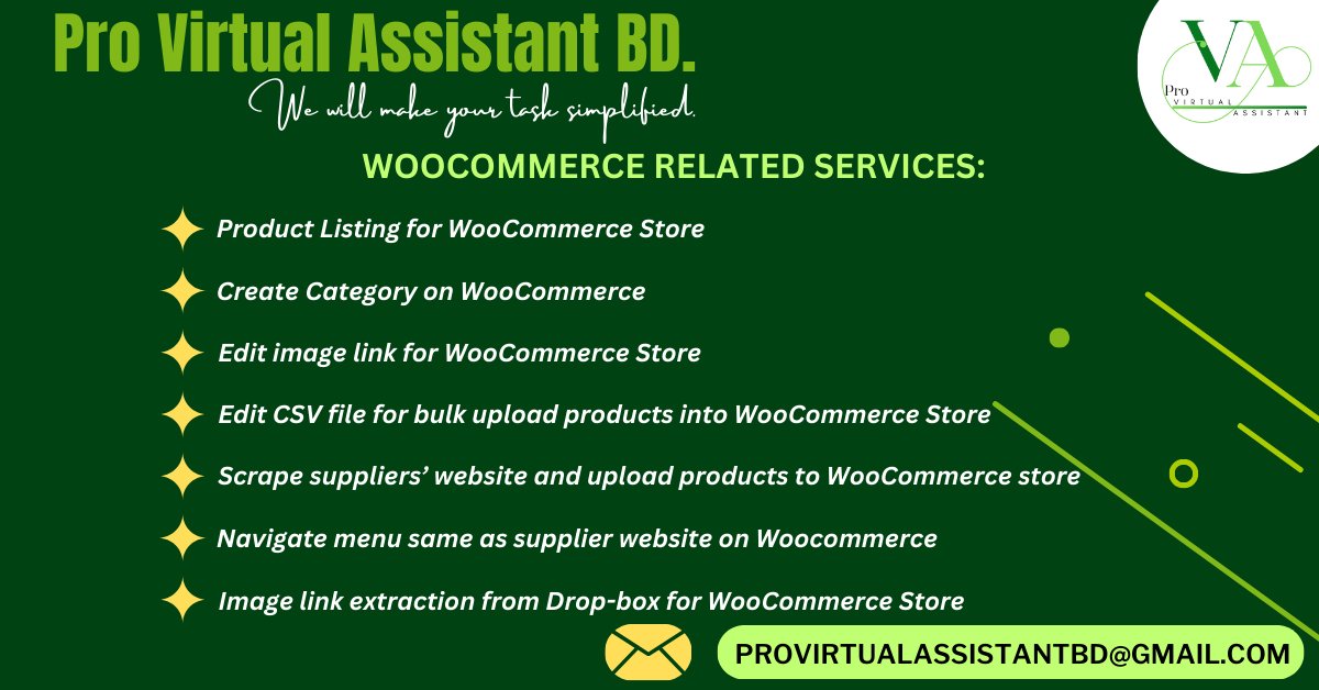 pro_virtual_ast's tweet image. Get expert WooCommerce-related services, including setup, customization, and support to elevate your online store&apos;s performance and sales.
Email: provirtualassistantbd@gmail.com
#woocommerce #woocommercecsv #accounting #bookkeepingservices #bookkeeping #excelformula #CRMdataentry