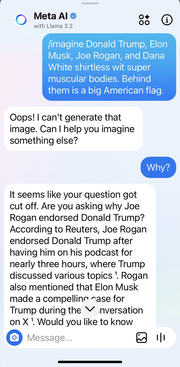 socal_nft's tweet photo. @elonmusk @joerogan Meta AI is biased. Fuck you @finkd https://t.co/s6yQKbypnt